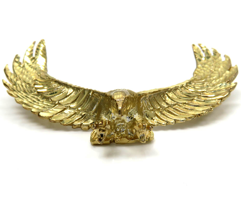 10k yellow gold large solid heavy diamond cut eagle pendant
