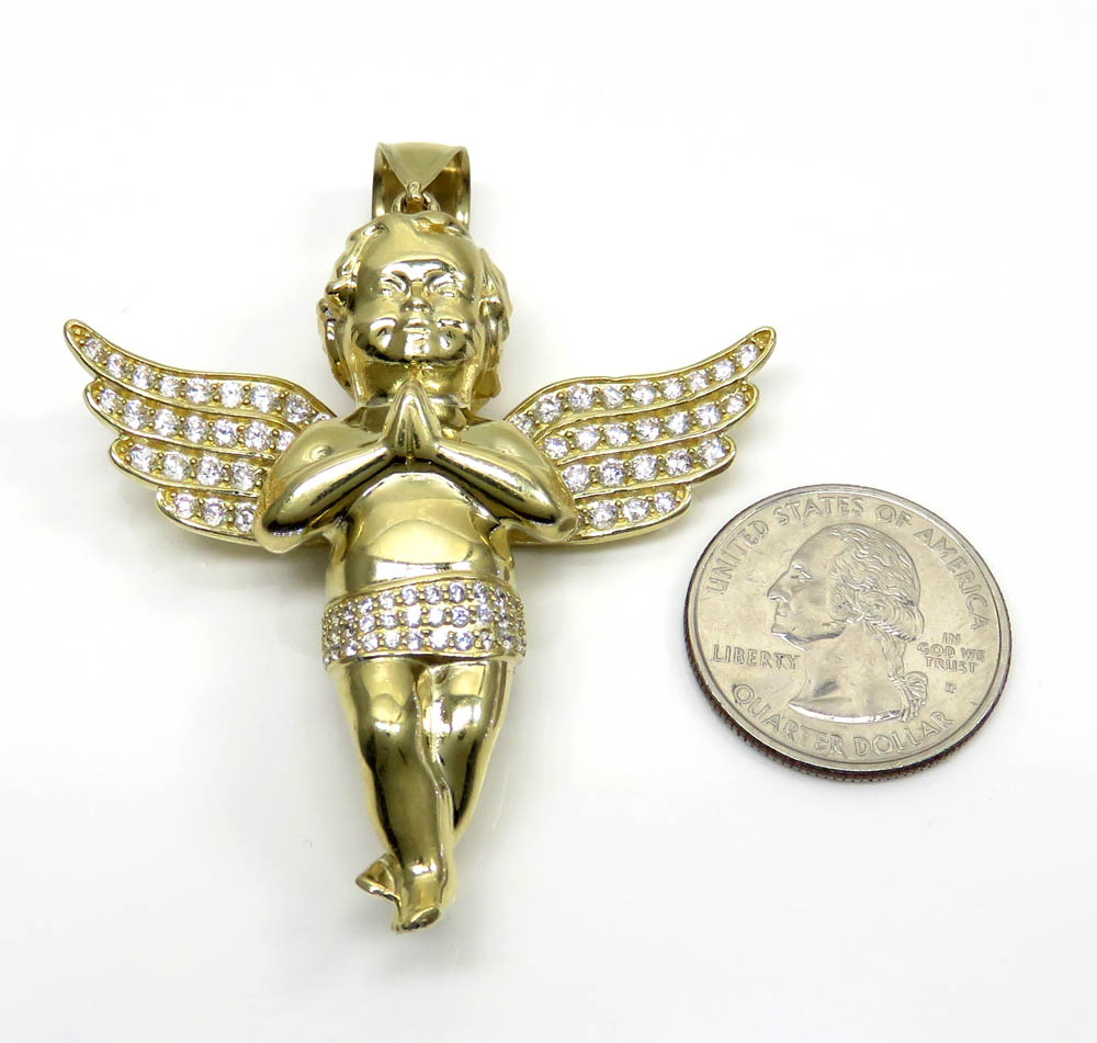 10k yellow gold 3d xl baby cherub angel pendant 3.50ct