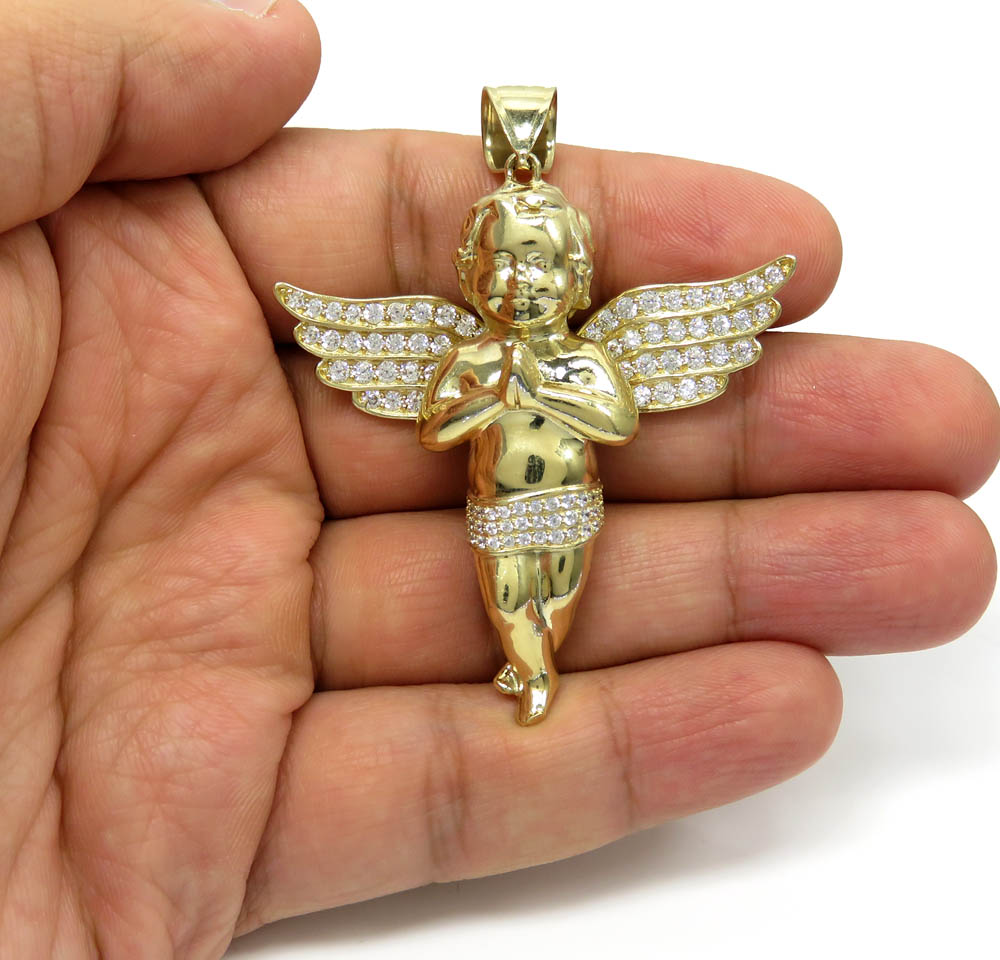 10k yellow gold 3d xl baby cherub angel pendant 3.50ct