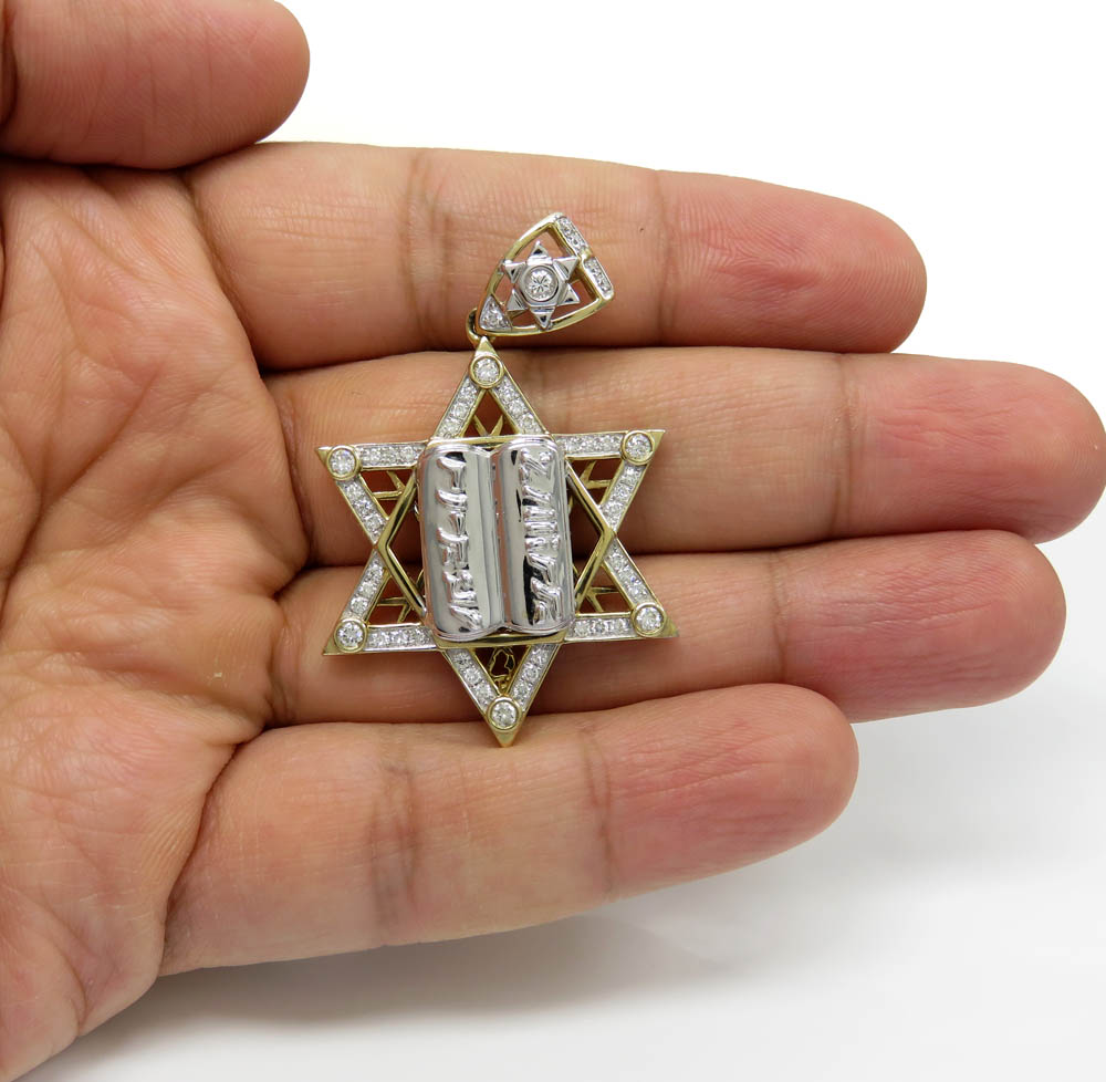 10k yellow gold diamond star of david 10 commandments pendant 1.00ct