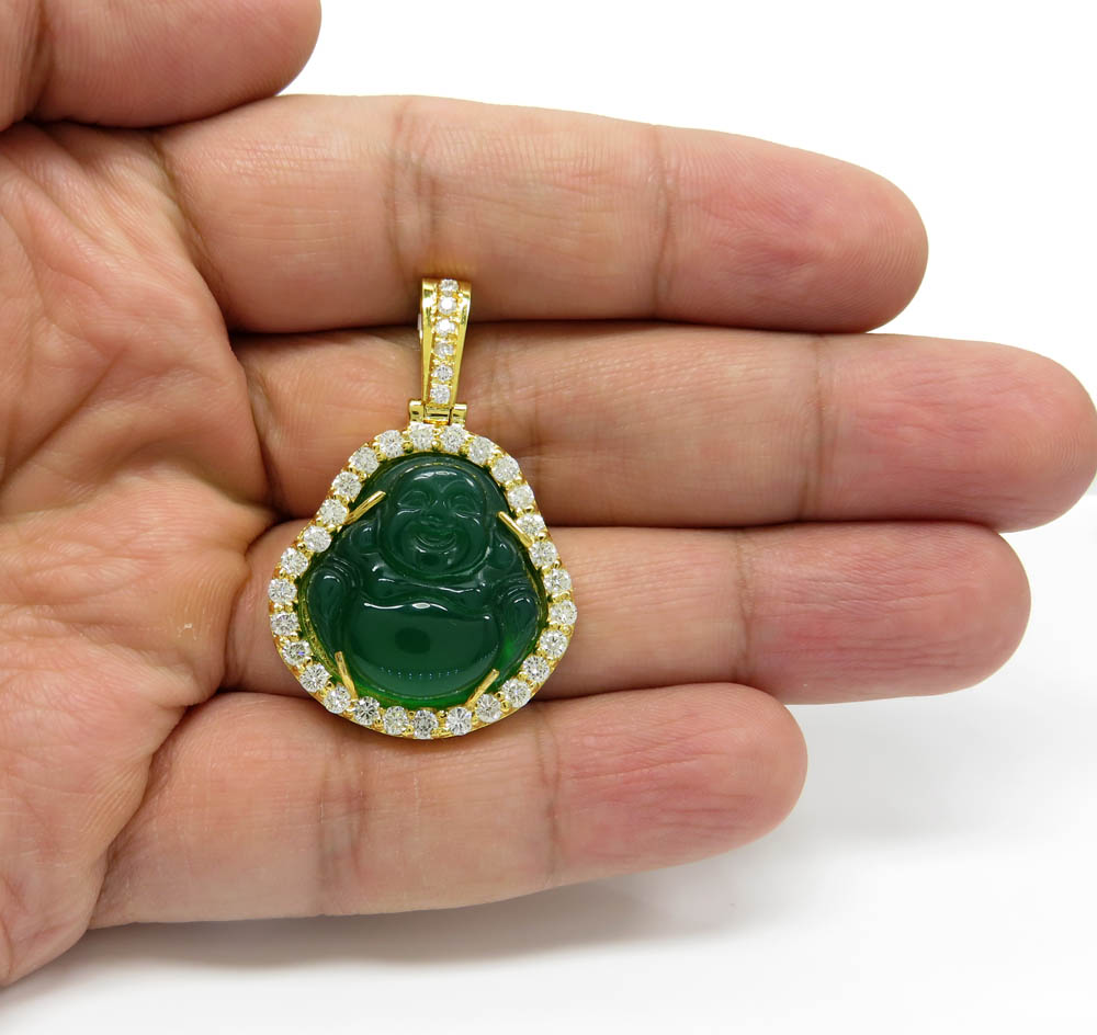 14k yellow gold green jade fat buddha diamond pendant 2.25ct