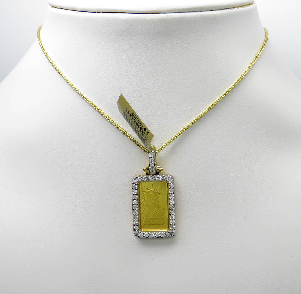 10k yellow gold diamond frame with 24k gold statue of liberty bar pendant 0.70ct 
