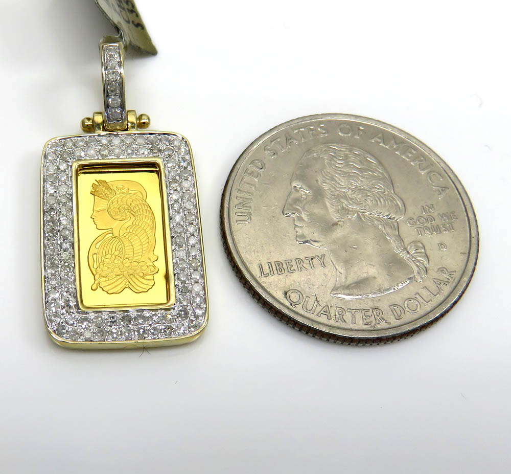10k yellow gold 2 row diamond frame with suisse 24k gold mini bar pendant 0.53ct 