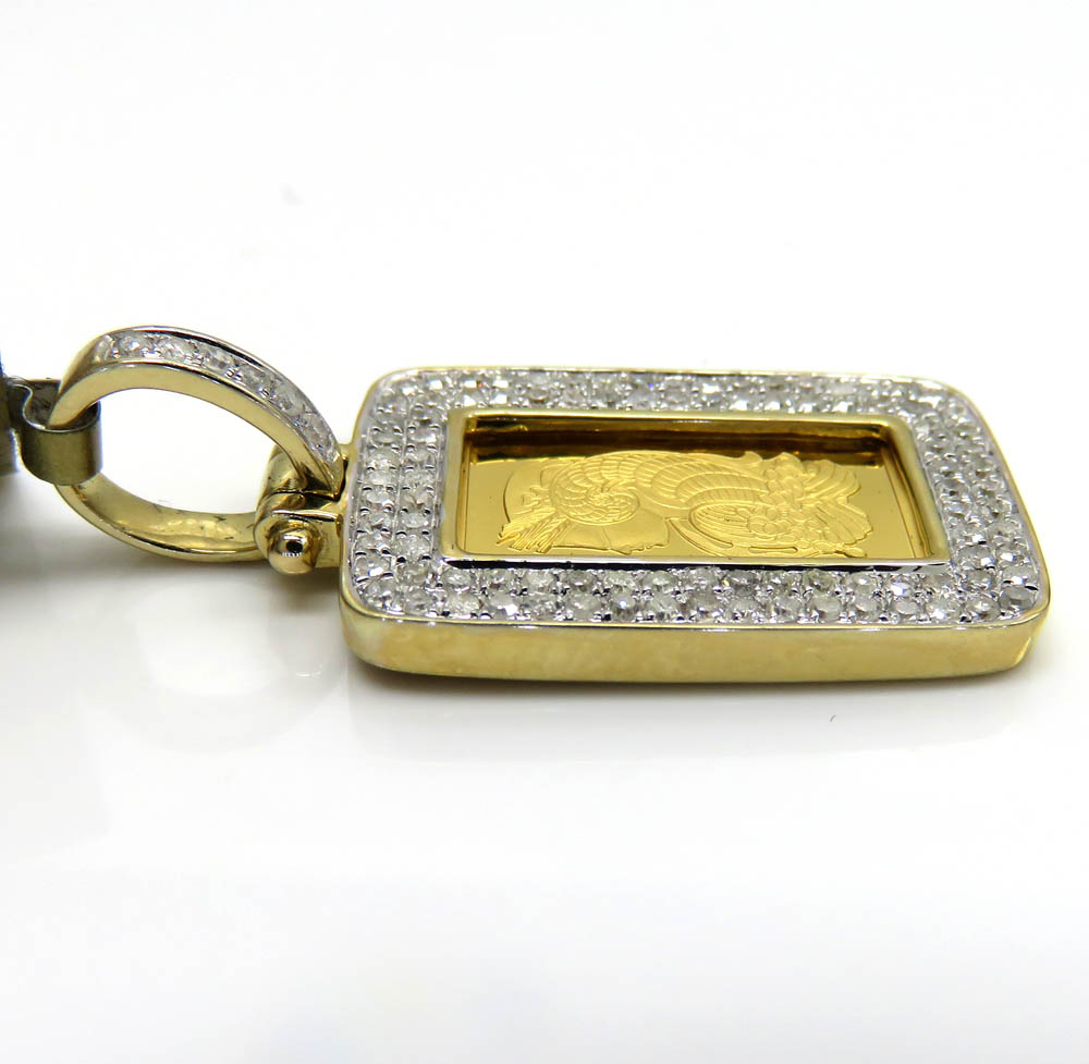 10k yellow gold 2 row diamond frame with suisse 24k gold mini bar pendant 0.53ct  - Image 3