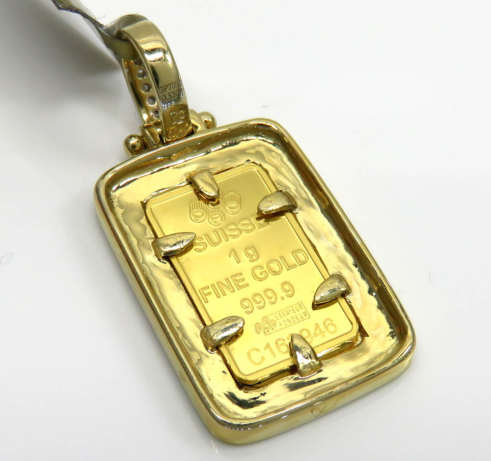 10k yellow gold 2 row diamond frame with suisse 24k gold mini bar pendant 0.53ct 