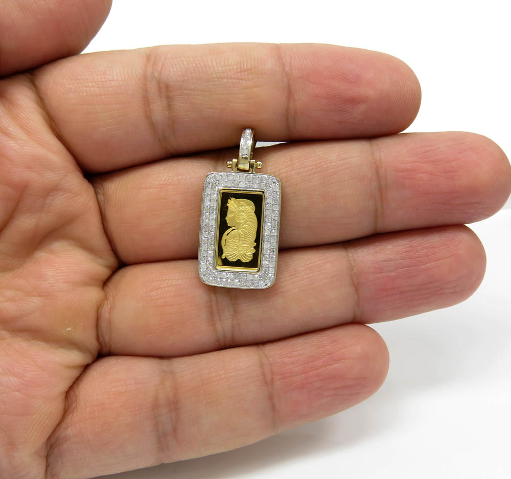 10k yellow gold 2 row diamond frame with suisse 24k gold mini bar pendant 0.53ct 