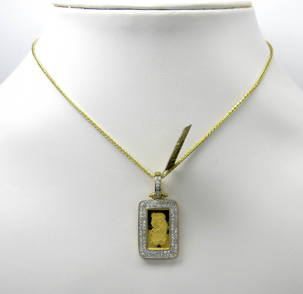 10k yellow gold 2 row diamond frame with suisse 24k gold mini bar pendant 0.53ct 