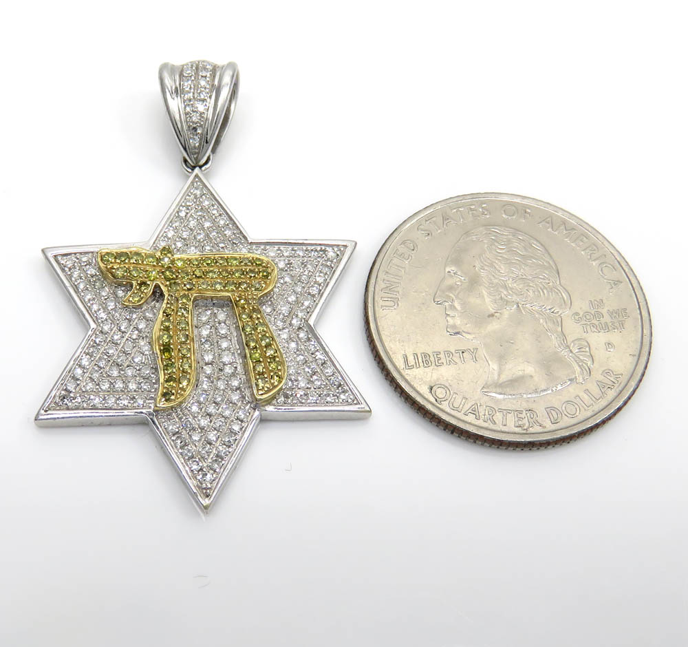 14k white gold canary chai & diamond star of david pendant 1.00ct