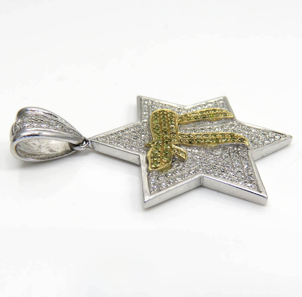 14k white gold canary chai & diamond star of david pendant 1.00ct