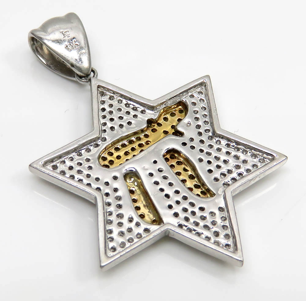 14k white gold canary chai & diamond star of david pendant 1.00ct
