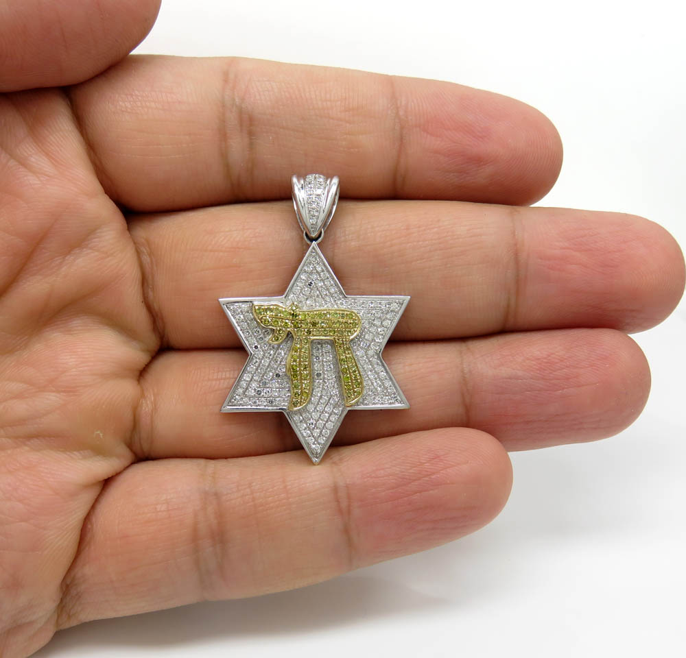 14k white gold canary chai & diamond star of david pendant 1.00ct - Image 5