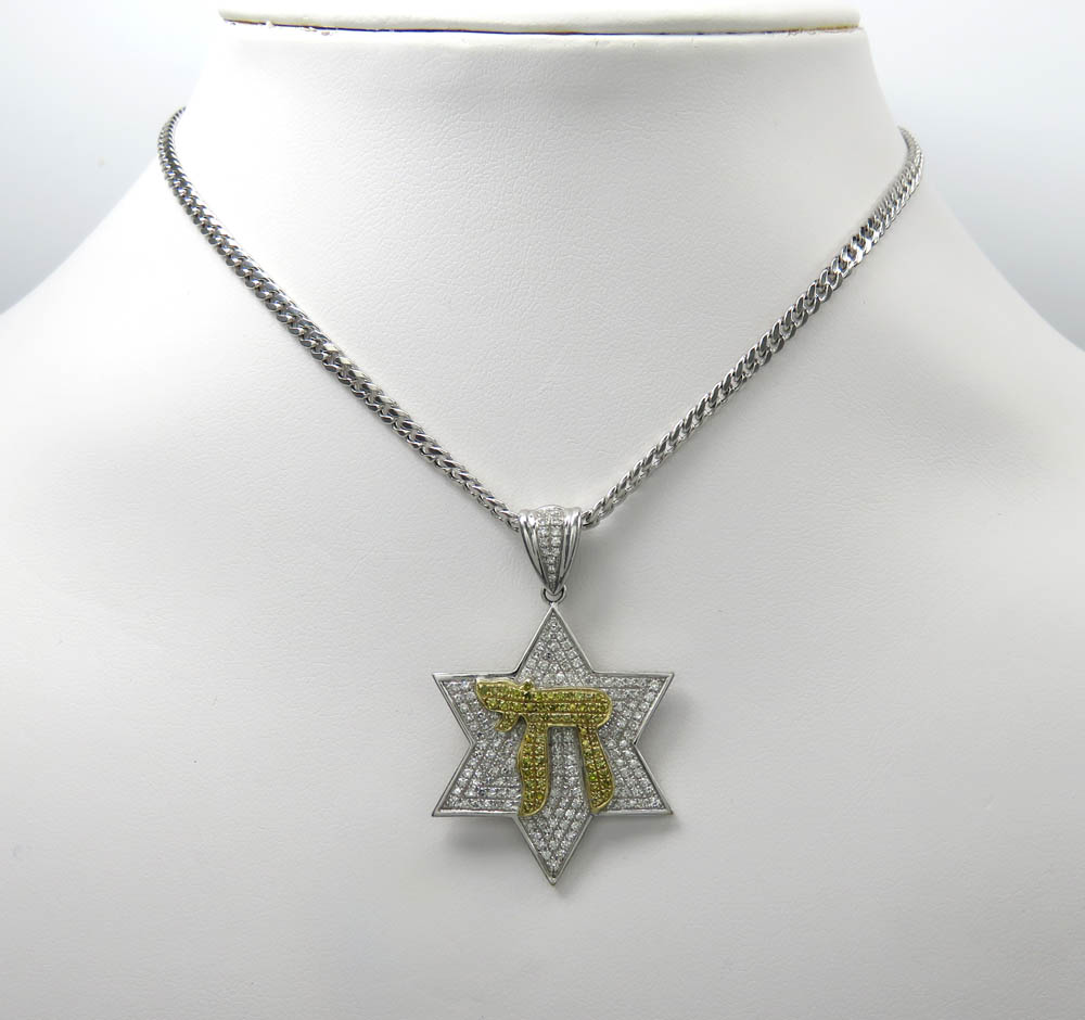 14k white gold canary chai & diamond star of david pendant 1.00ct