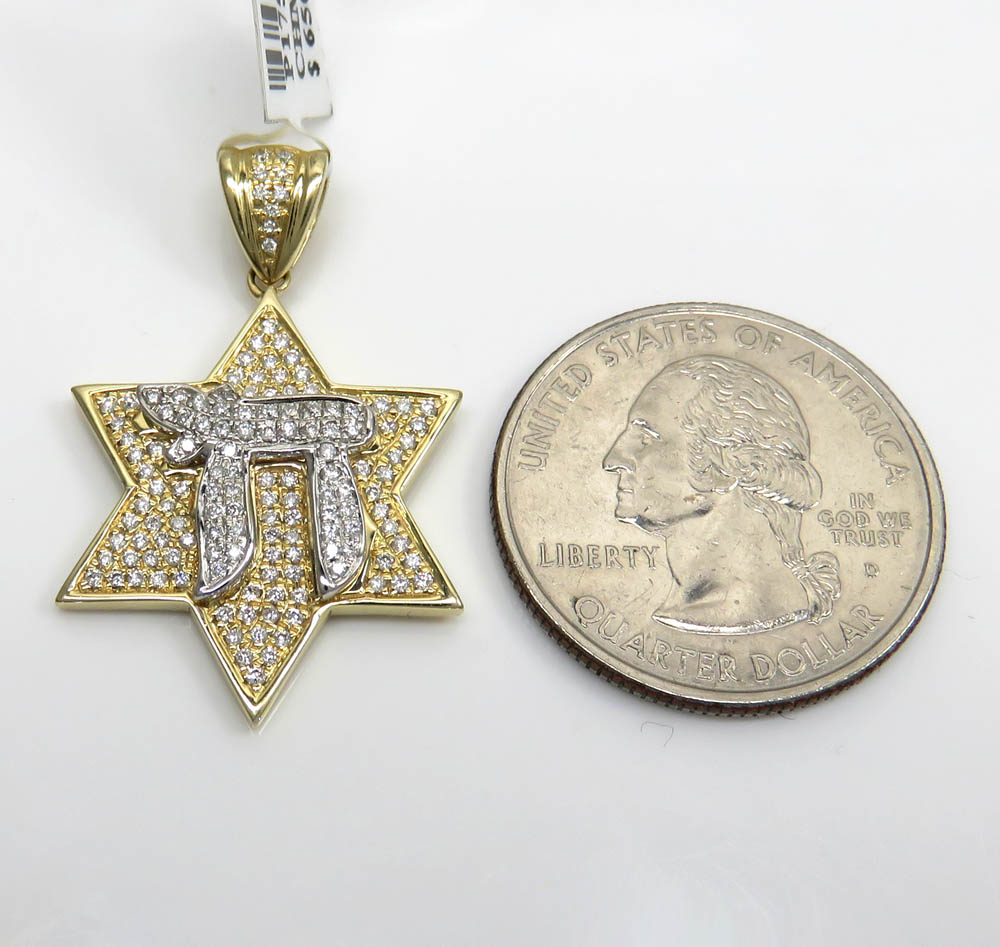 14k two tone gold diamond chai & star of david pendant 0.49ct