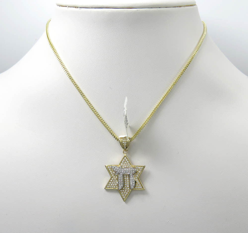 14k two tone gold diamond chai & star of david pendant 0.49ct