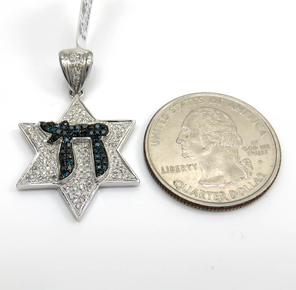14k white gold blue diamond chai & diamond star of david pendant 0.65ct