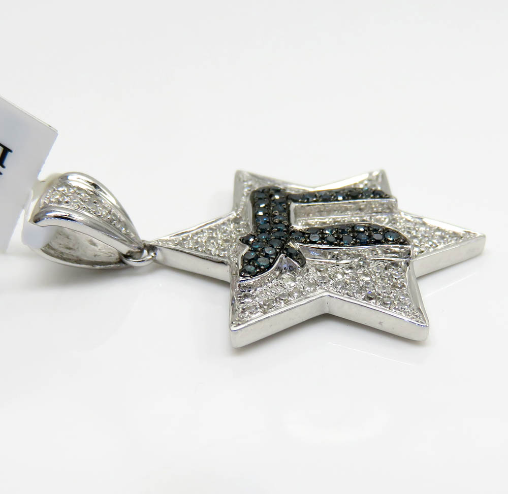 14k white gold blue diamond chai & diamond star of david pendant 0.65ct