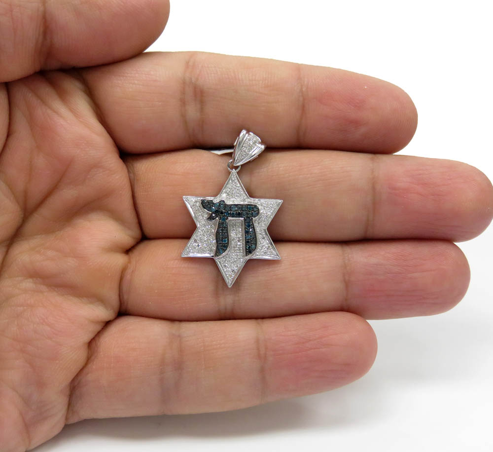 14k white gold blue diamond chai & diamond star of david pendant 0.65ct