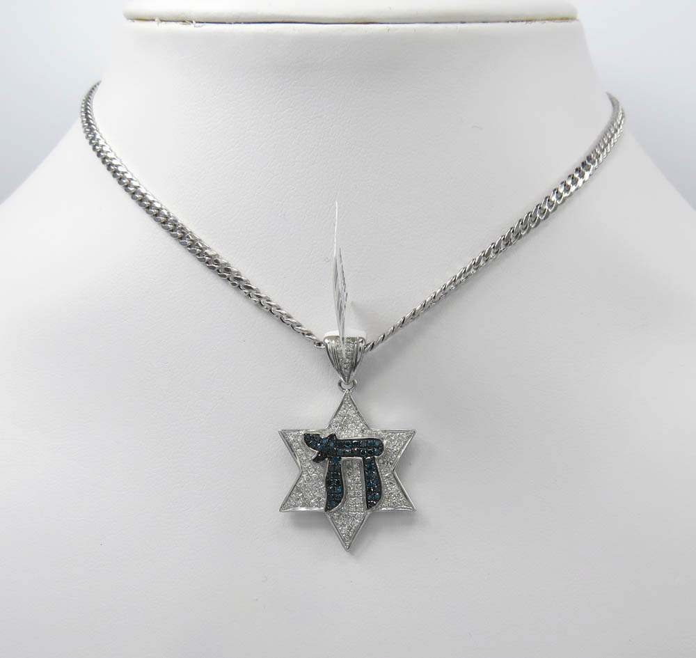 14k white gold blue diamond chai & diamond star of david pendant 0.65ct