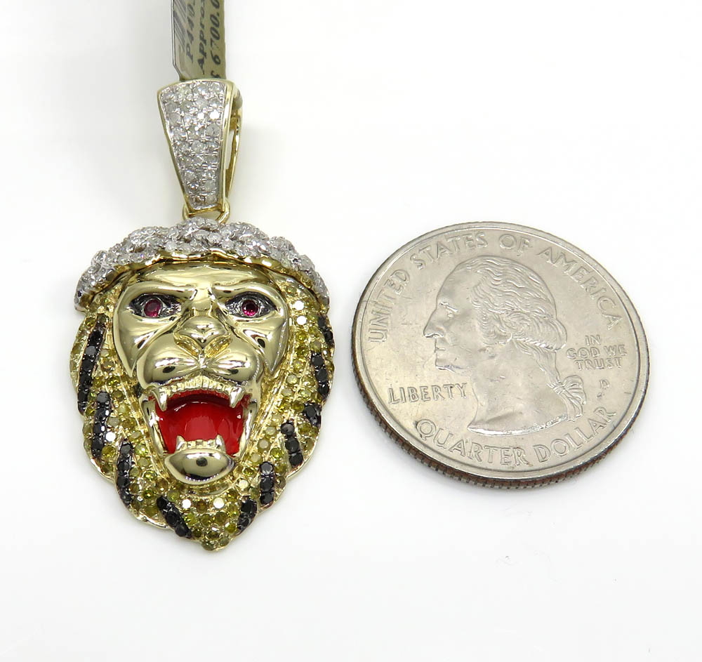 10k yellow gold large diamond lion enamel pendant 1.34ct - Image 2