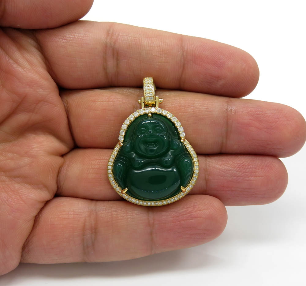 10k yellow gold large green jade fat buddha diamond pendant 0.60ct
