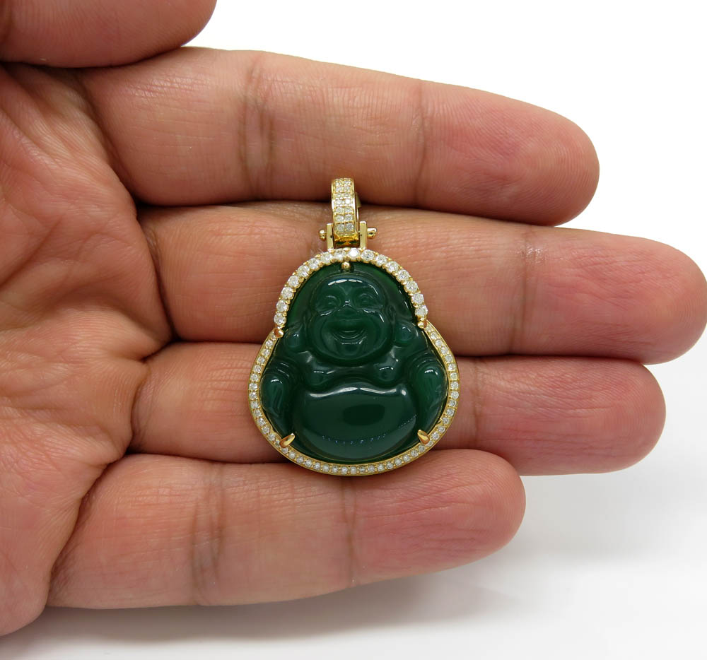 10k yellow gold large green jade fat buddha diamond pendant 0.60ct - Image 5