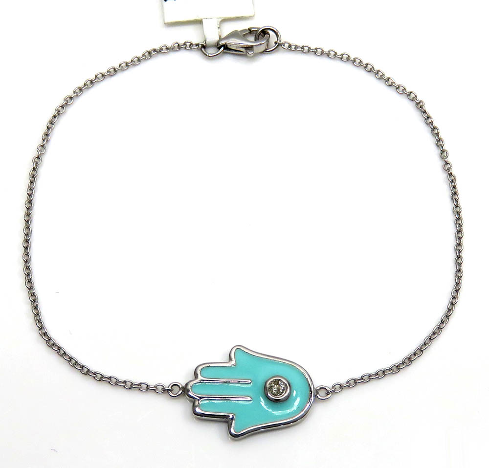 14k white gold turquoise enamel diamond hamsa bracelet 7 inches 0.03ct