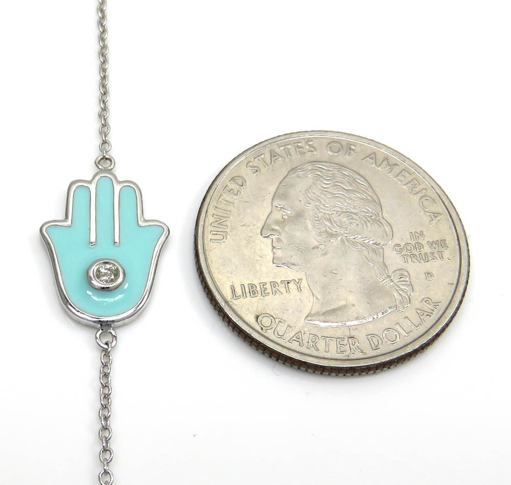 14k white gold turquoise enamel diamond hamsa bracelet 7 inches 0.03ct - Image 3