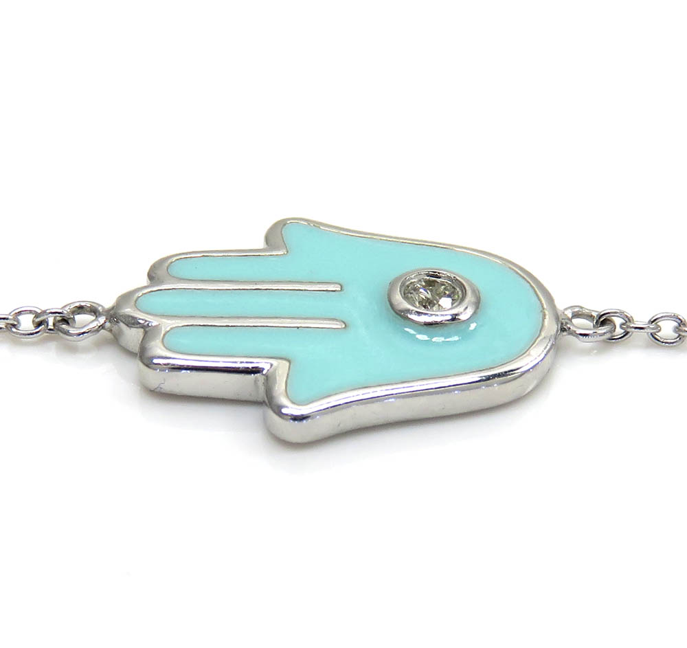 14k white gold turquoise enamel diamond hamsa bracelet 7 inches 0.03ct - Image 4