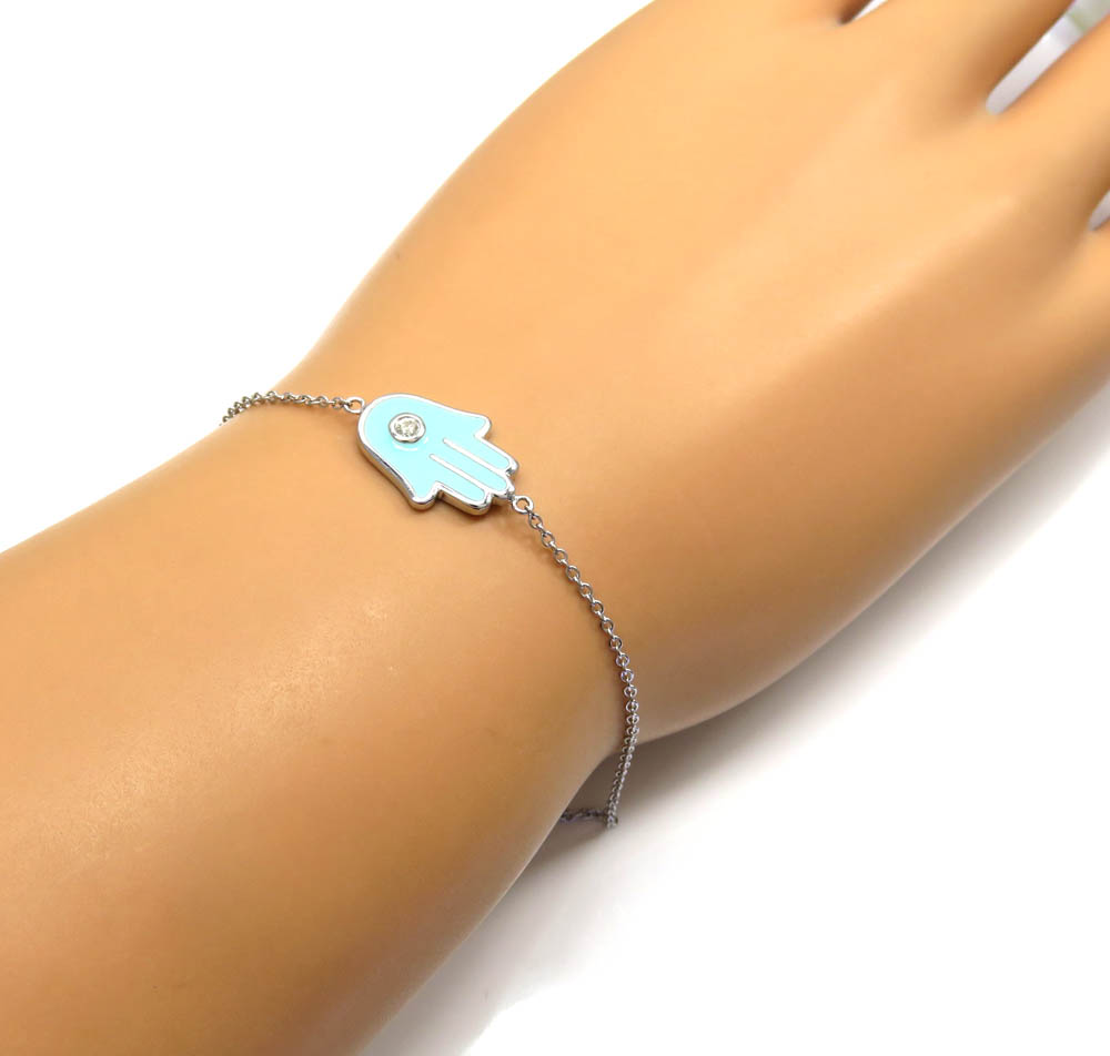 14k white gold turquoise enamel diamond hamsa bracelet 7 inches 0.03ct