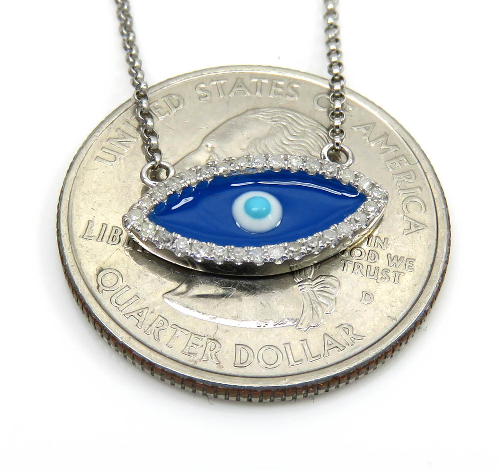 14k white gold enamel diamond evil eye pendant and chain 16 inches 0.12ct