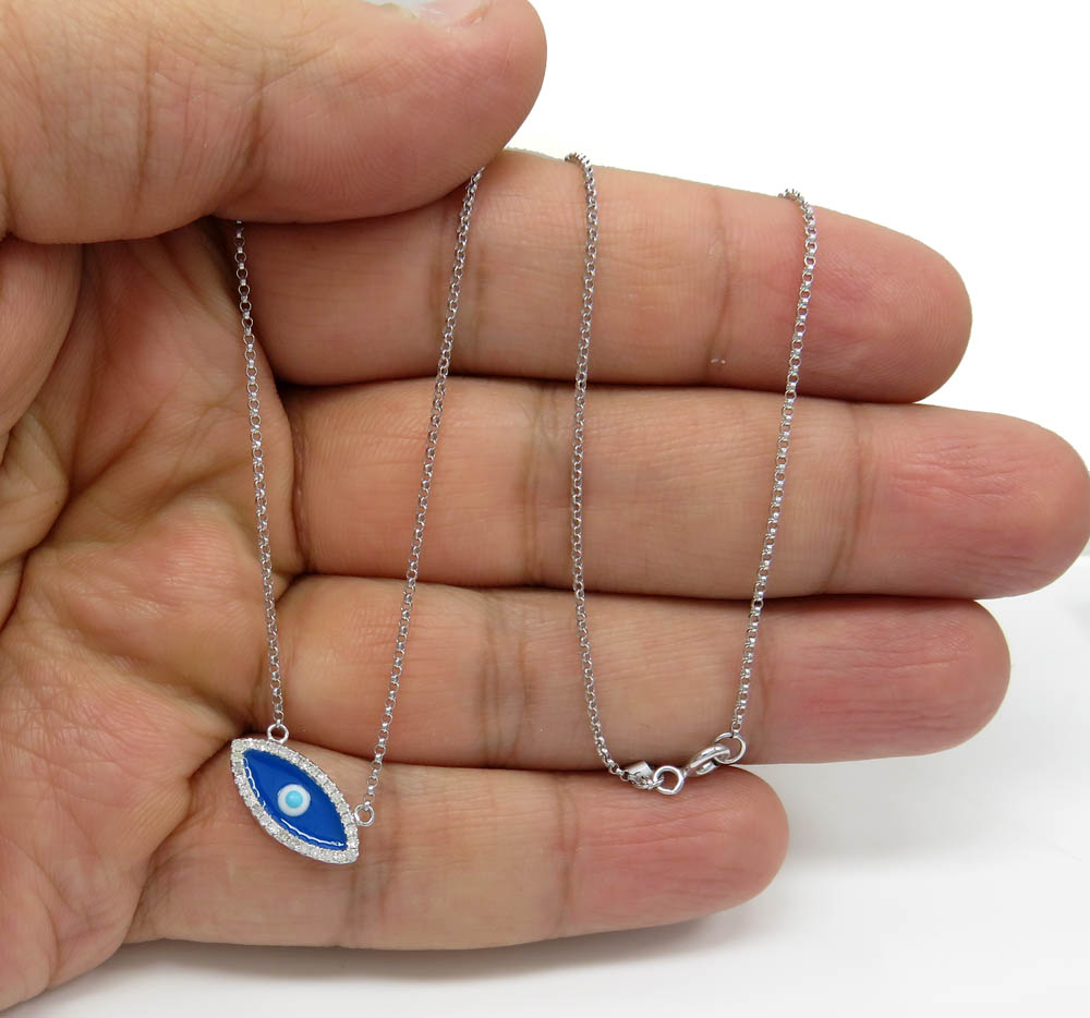 14k white gold enamel diamond evil eye pendant and chain 16 inches 0.12ct