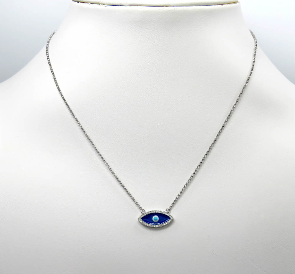 14k white gold enamel diamond evil eye pendant and chain 16 inches 0.12ct