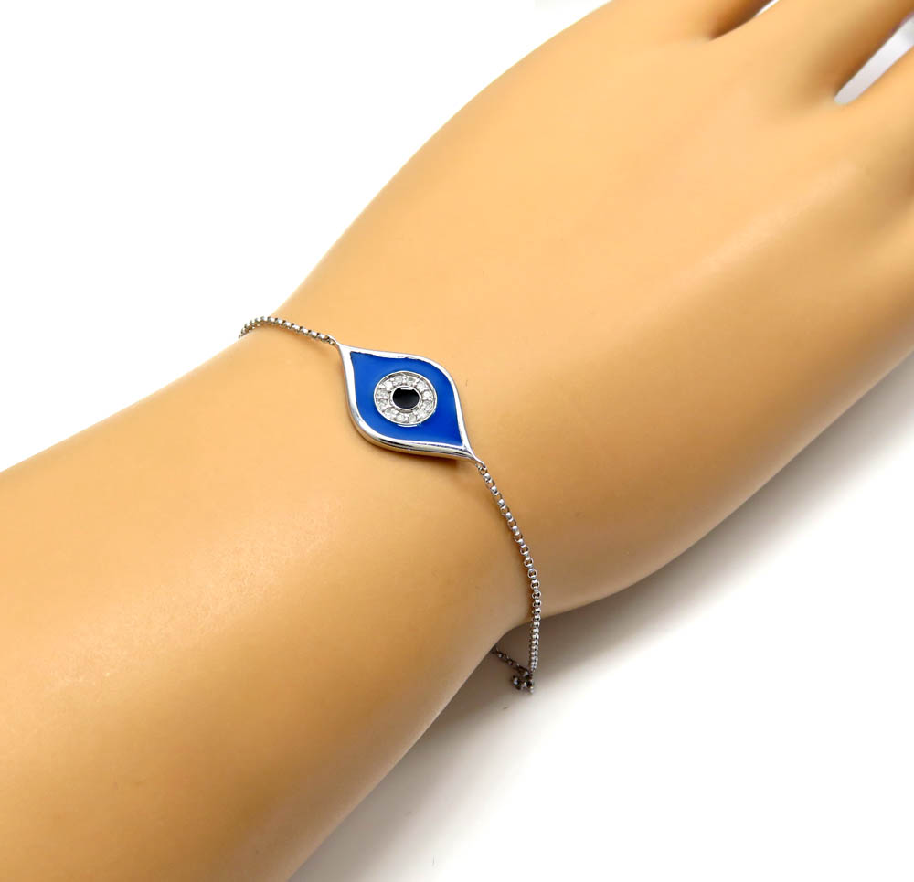14k white gold blue enamel diamond evil eye bracelet 7 inches 0.07ct