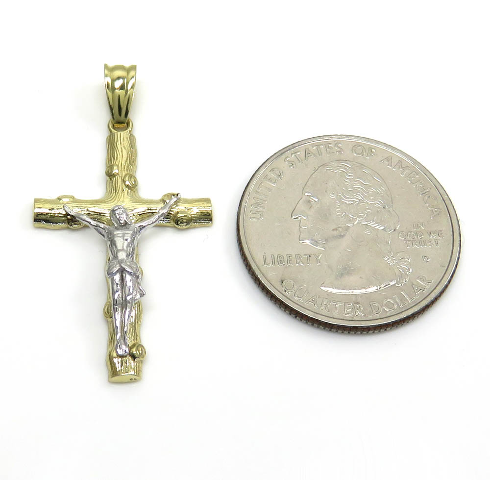 10k solid two tone small bark wood finish jesus cross - Image 2