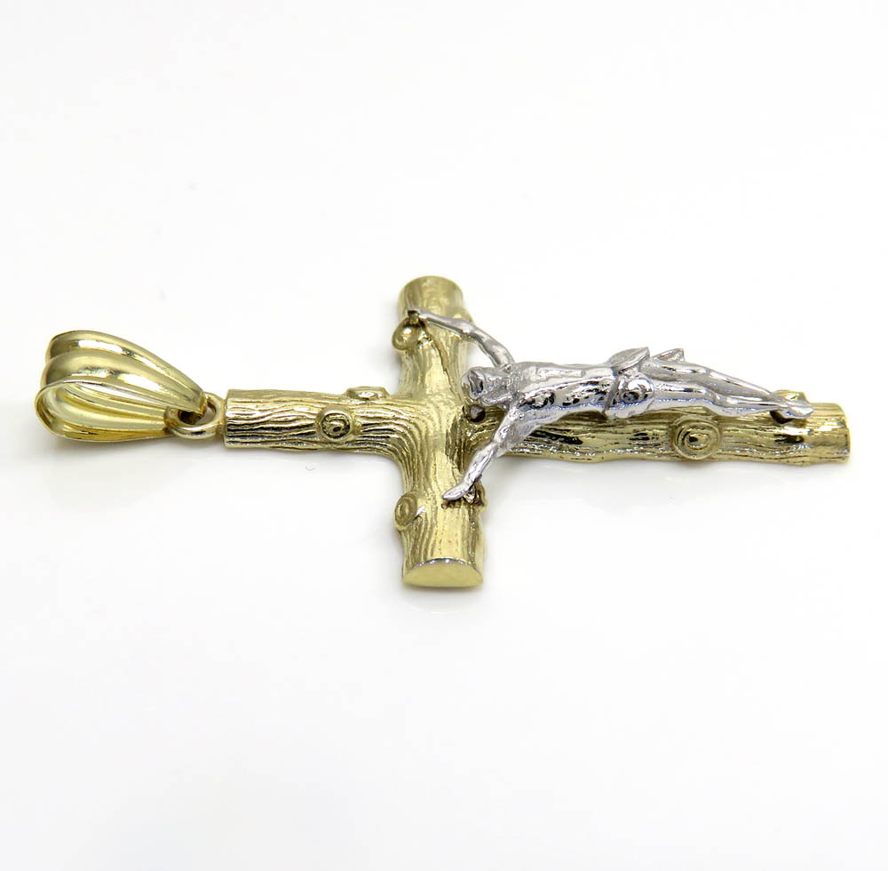 10k solid two tone small bark wood finish jesus cross - Image 3