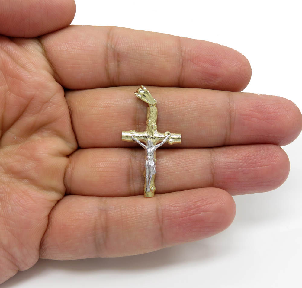 10k solid two tone small bark wood finish jesus cross - Image 5