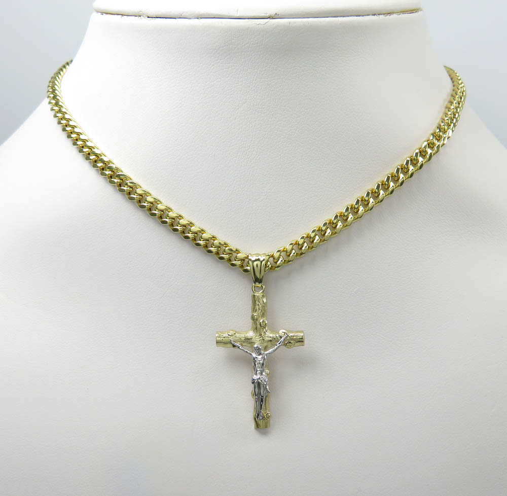 10k solid two tone small bark wood finish jesus cross - Image 6