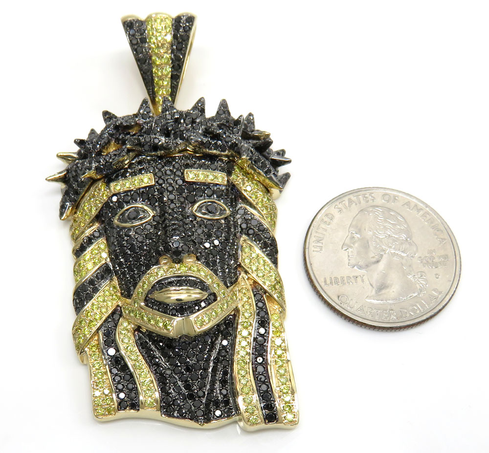14k yellow gold large canary & black diamond jesus pendant 6.90 ct
