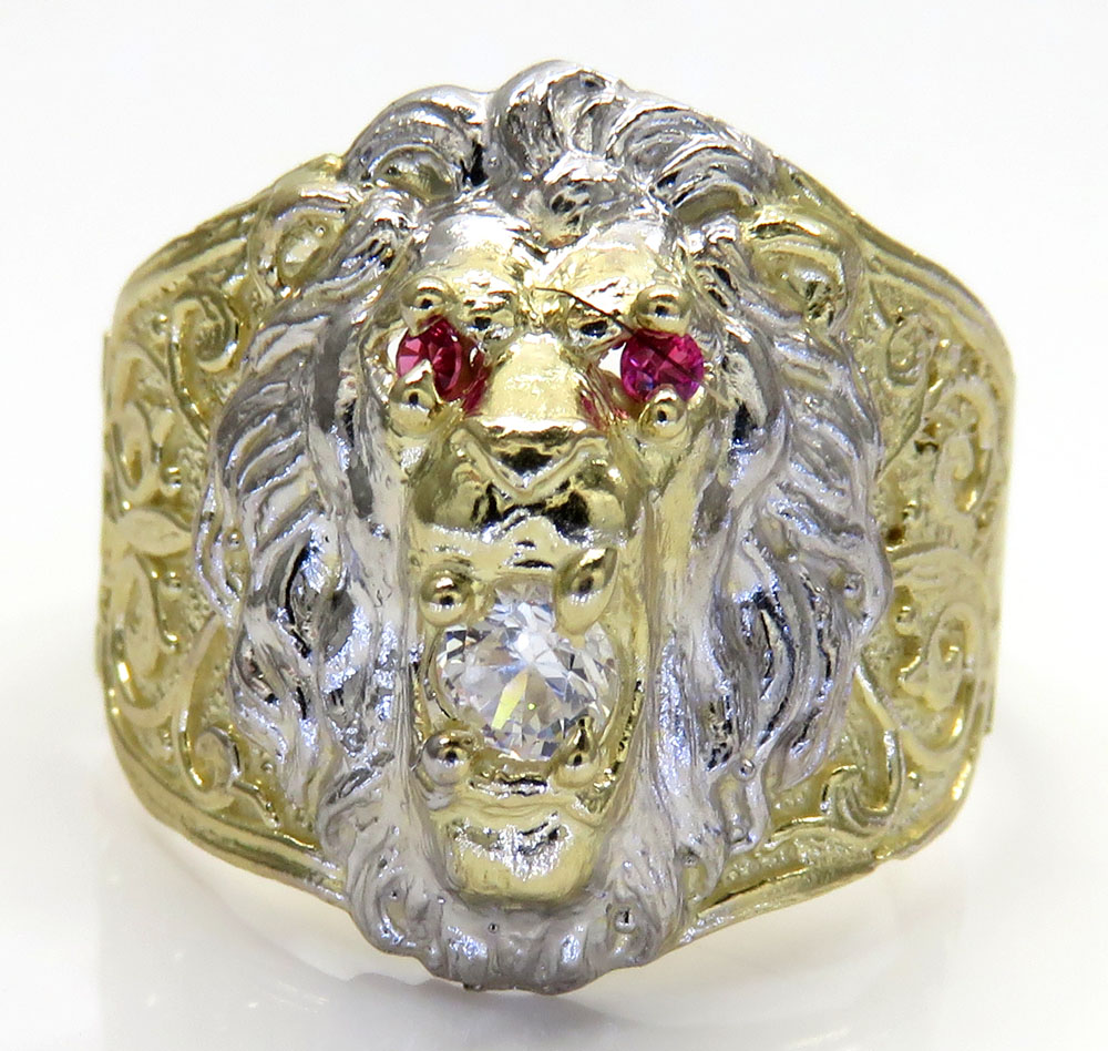 10k two tone gold cz lion ring 0.15ct