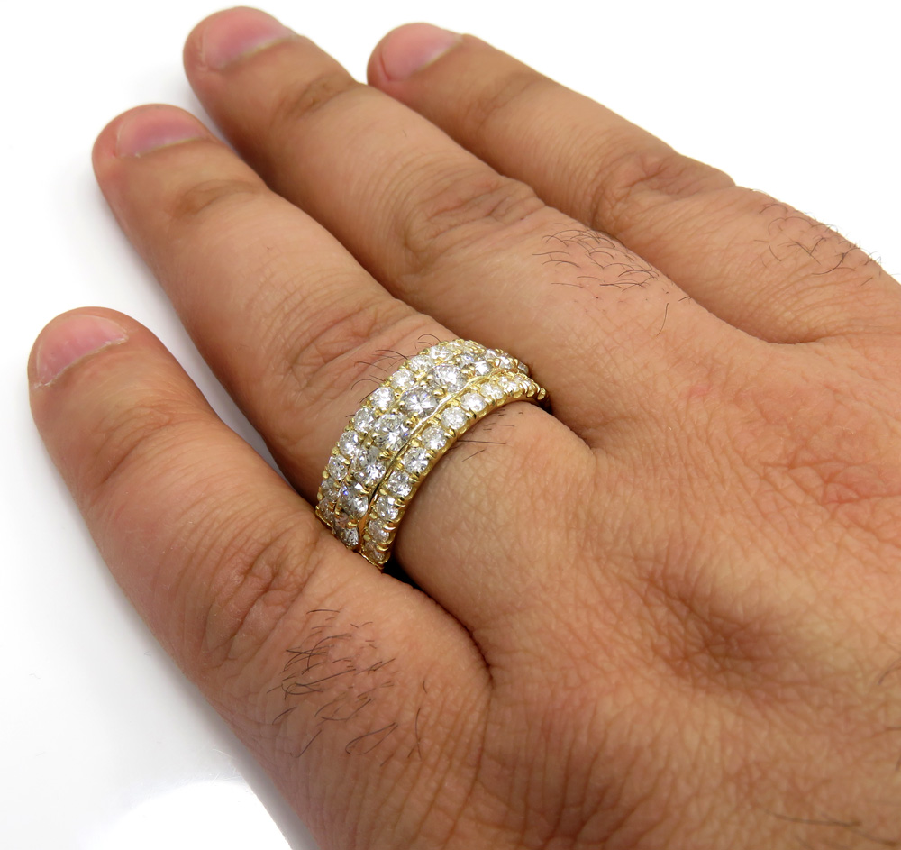 14k solid yellow gold three row diamond half iced 10mm band 4.24ct