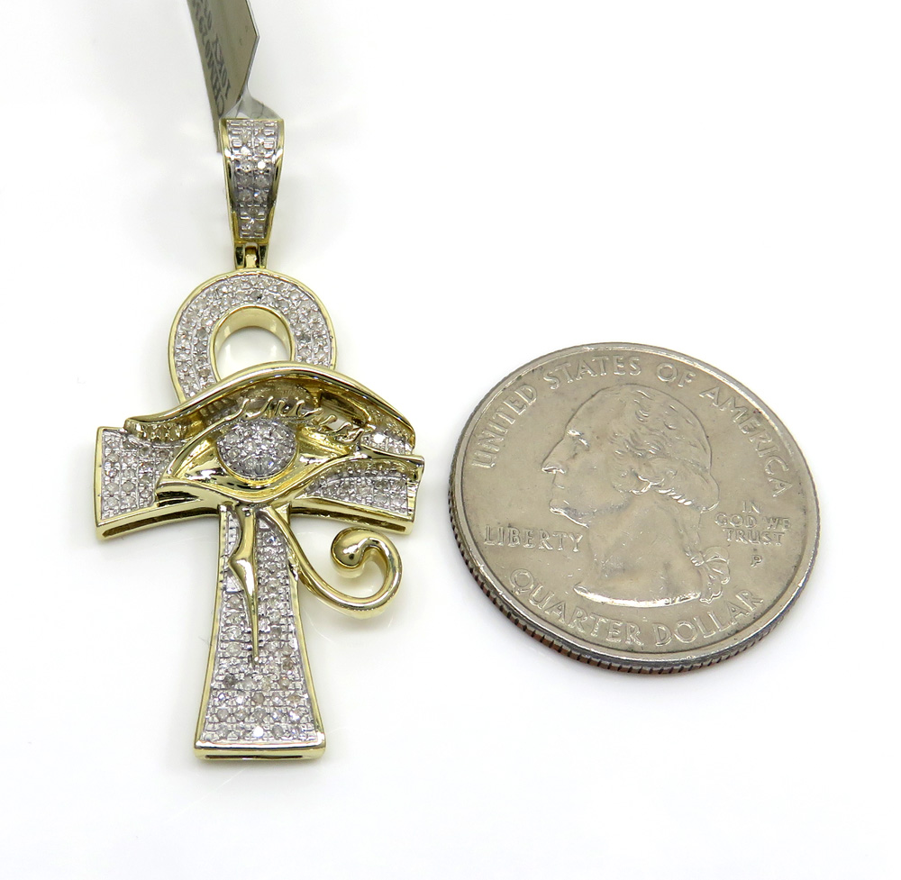 10k yellow gold diamond eye of horus ankh pendant 0.42ct 