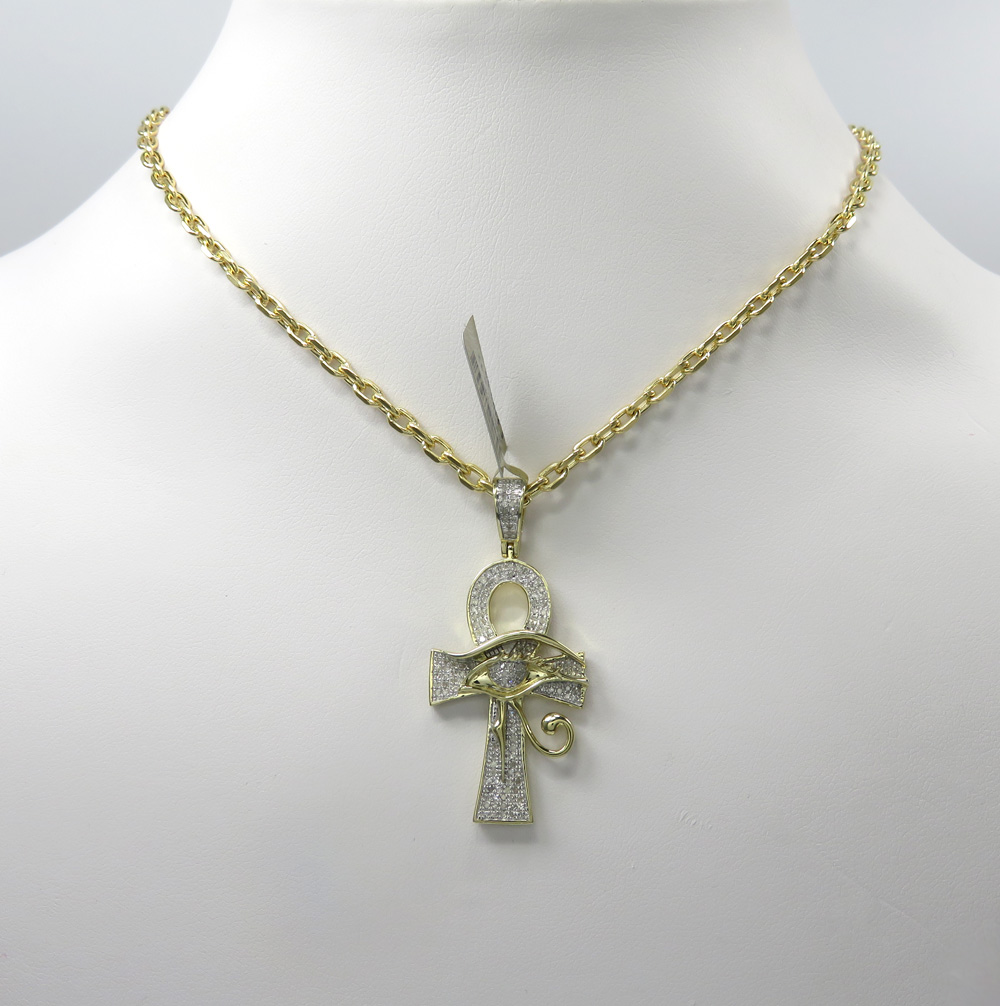 10k yellow gold diamond eye of horus ankh pendant 0.42ct 