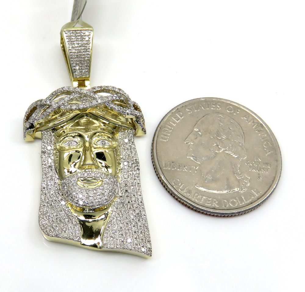 10k yellow gold large diamond jesus face pendant 0.90ct