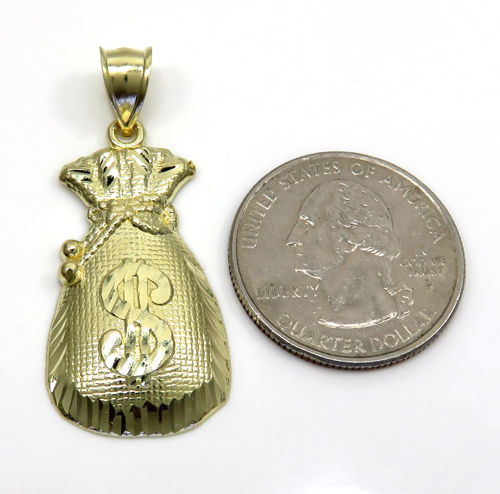 10k yellow gold diamond cut medium money bag pendant 
