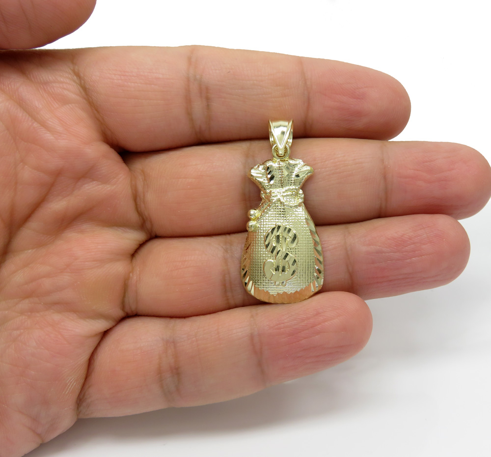 10k yellow gold diamond cut medium money bag pendant 