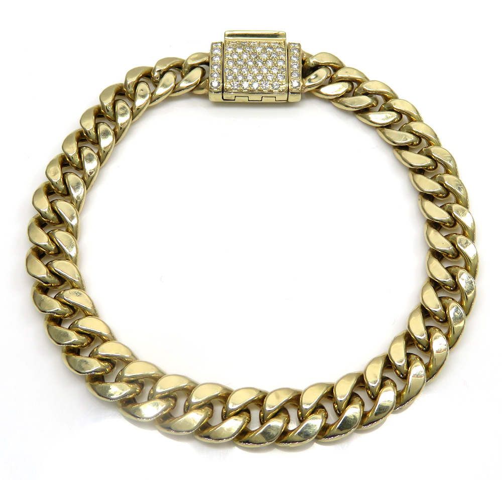 10k yellow gold diamond lock hollow puffed miami bracelet 8