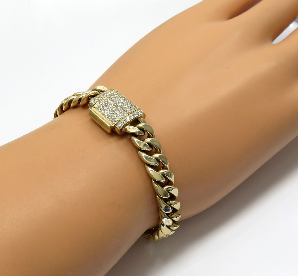10k yellow gold diamond lock hollow puffed miami bracelet 8