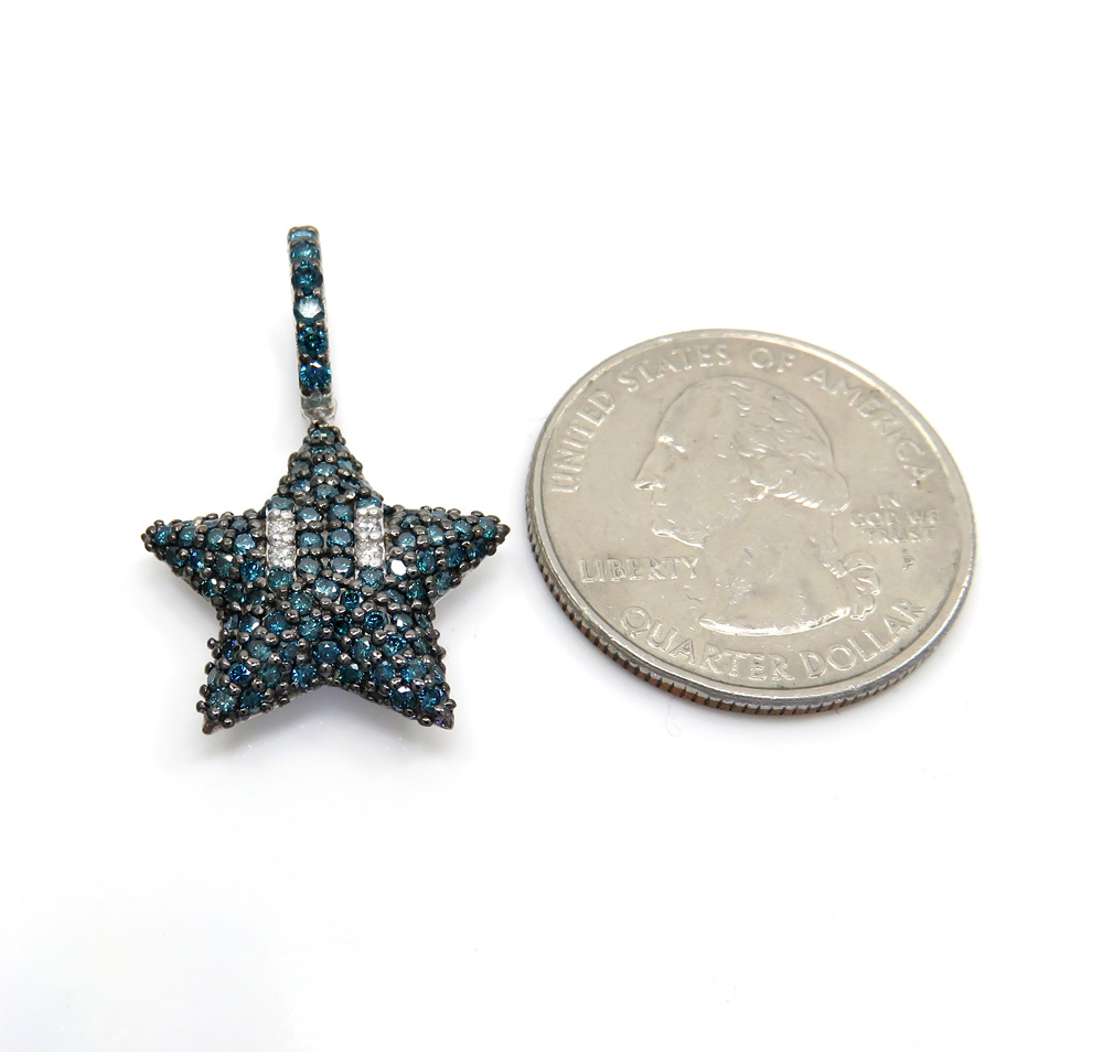 14k white gold blue diamond mario star pendant 1.20ct