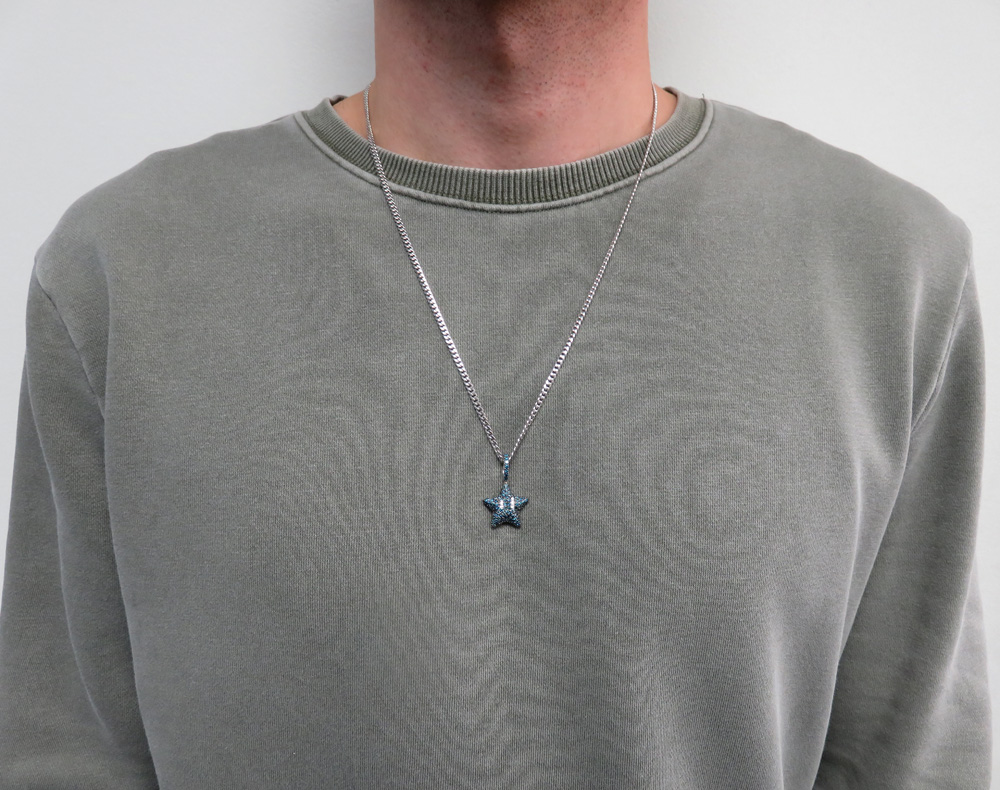 14k white gold blue diamond mario star pendant 1.20ct