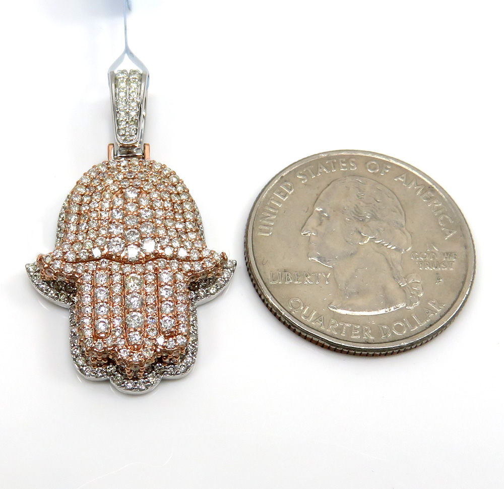 14k two tone gold vs diamond double layered hamsa pendant 2.23ct